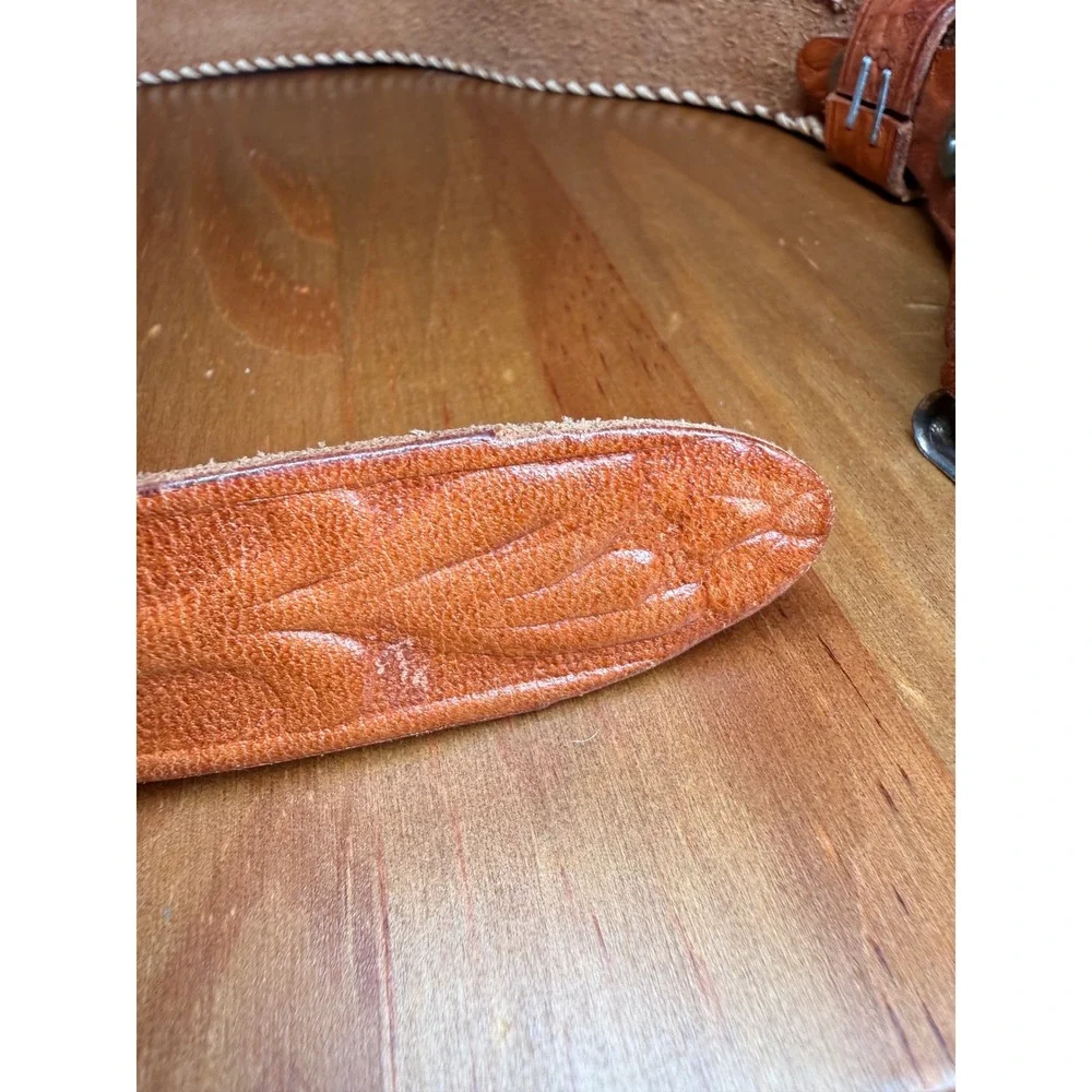 Vintage Beaded Western Floral Embossed Leather Belt Size 30 Whipstitch Buckle